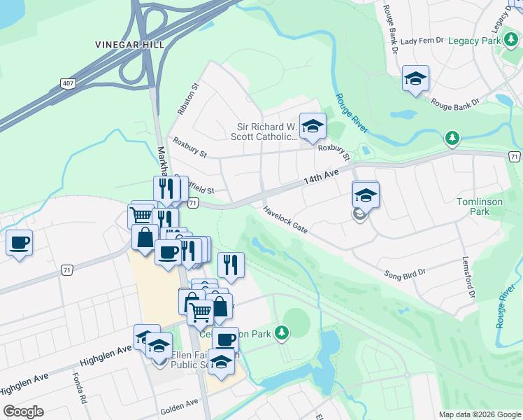 map of restaurants, bars, coffee shops, grocery stores, and more near 33 Karl Williams Lane in Markham