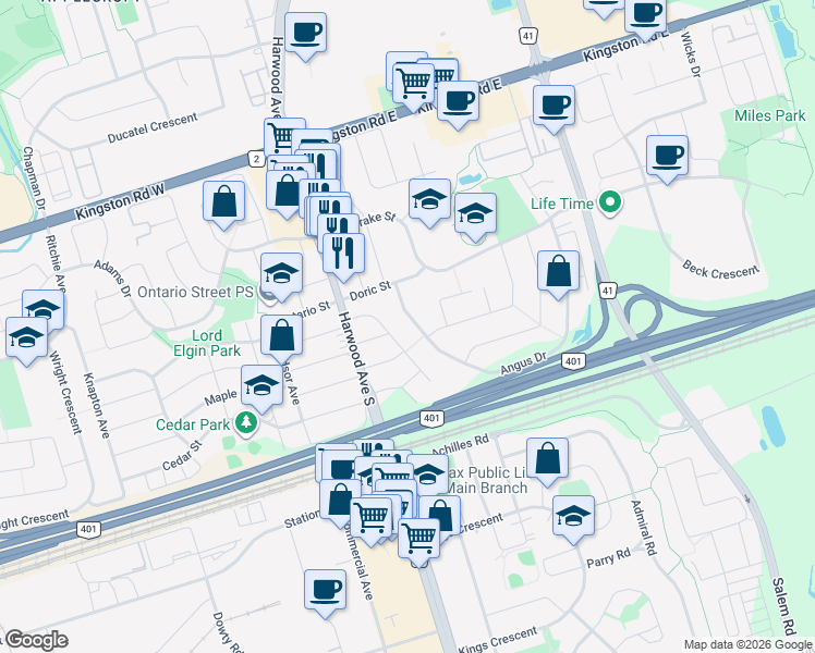 map of restaurants, bars, coffee shops, grocery stores, and more near 22 Angus Drive in Ajax