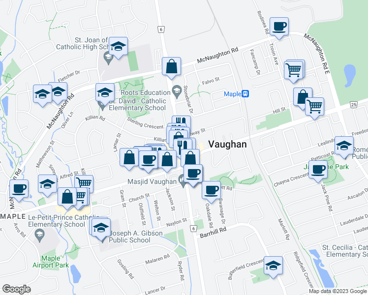 map of restaurants, bars, coffee shops, grocery stores, and more near 10055 Keele Street in Vaughan