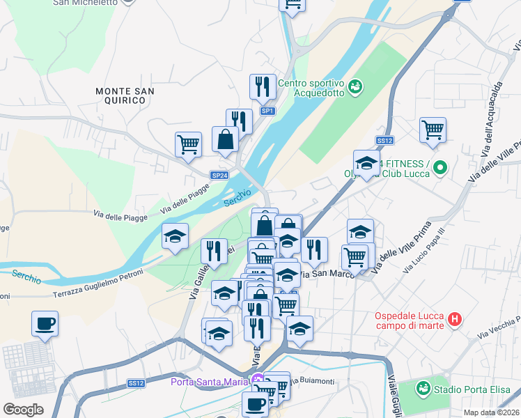map of restaurants, bars, coffee shops, grocery stores, and more near 656 Via Borgo Giannotti in Lucca