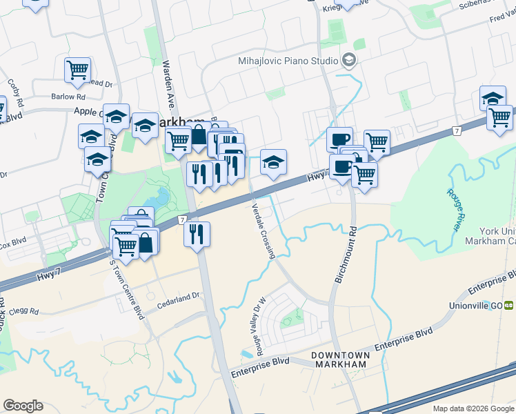 map of restaurants, bars, coffee shops, grocery stores, and more near 38 Water Walk Drive in Markham