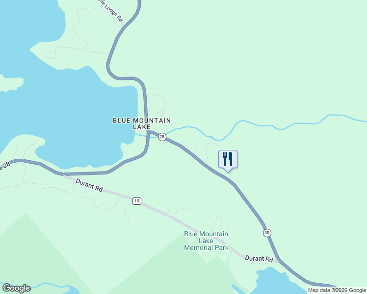 map of restaurants, bars, coffee shops, grocery stores, and more near 8854 Highway 30 in Blue Mountain Lake