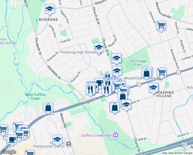 map of restaurants, bars, coffee shops, grocery stores, and more near 32 Linton Avenue in Ajax