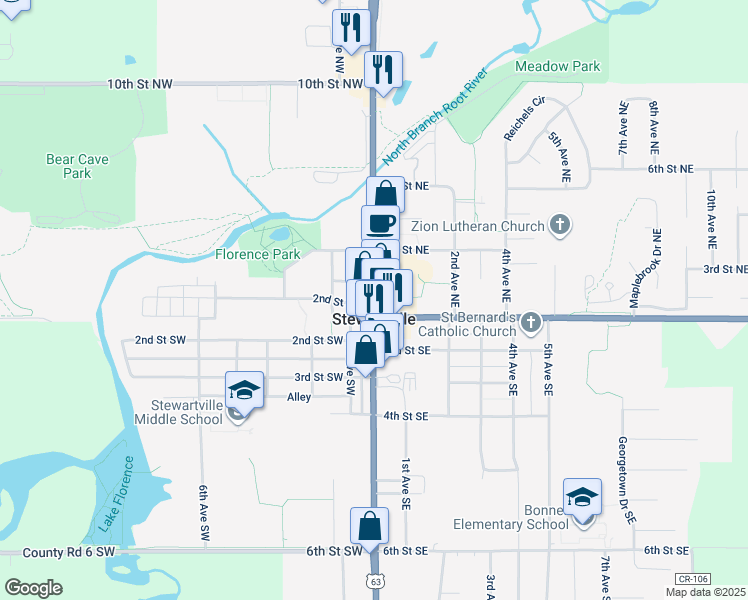 map of restaurants, bars, coffee shops, grocery stores, and more near in Stewartville