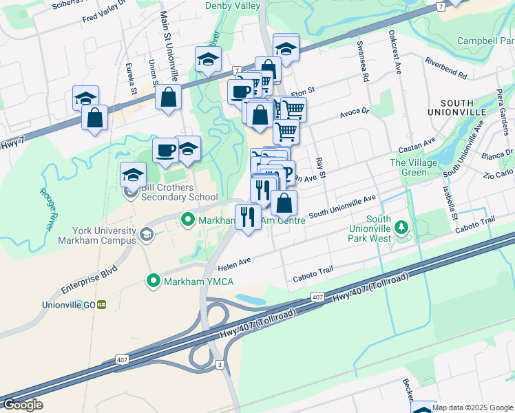 map of restaurants, bars, coffee shops, grocery stores, and more near 8323 Kennedy Road in Markham