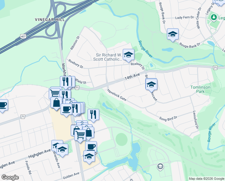 map of restaurants, bars, coffee shops, grocery stores, and more near 9 Havelock Gate in Markham