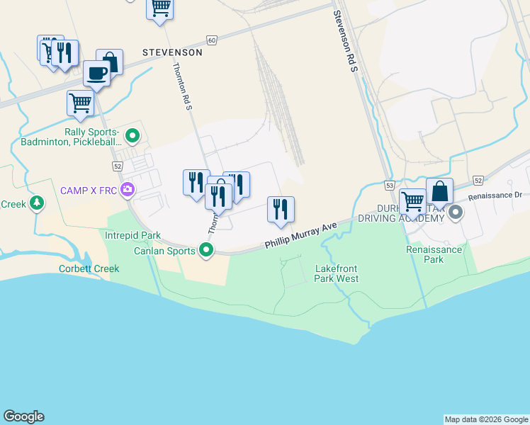 map of restaurants, bars, coffee shops, grocery stores, and more near 1255 Terwillegar Avenue in Oshawa