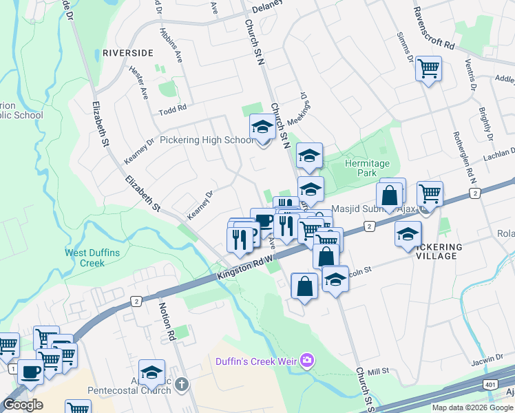 map of restaurants, bars, coffee shops, grocery stores, and more near 32 Linton Avenue in Ajax