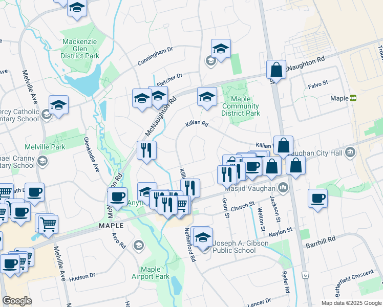 map of restaurants, bars, coffee shops, grocery stores, and more near Marwood Place in Vaughan