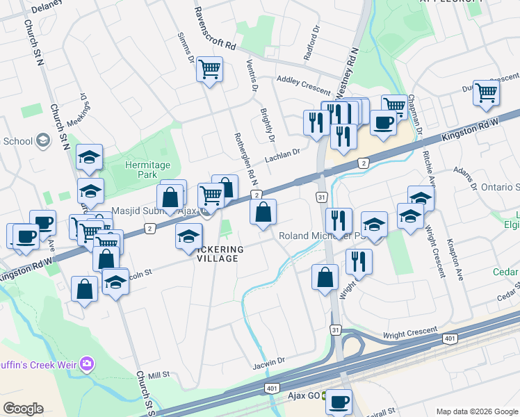 map of restaurants, bars, coffee shops, grocery stores, and more near 10 Rotherglen Road South in Ajax