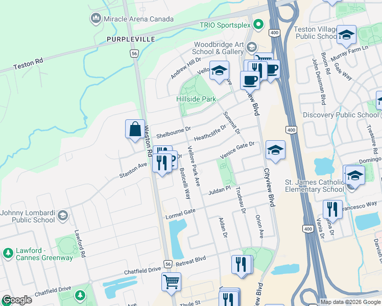 map of restaurants, bars, coffee shops, grocery stores, and more near 164 Canada Drive in Vaughan