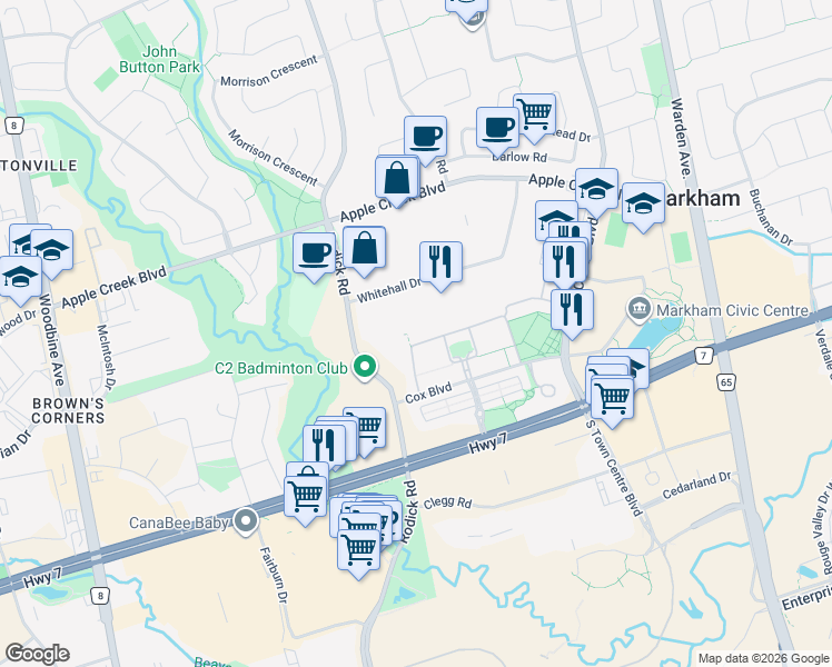 map of restaurants, bars, coffee shops, grocery stores, and more near 12 Saint Moritz Way in Markham