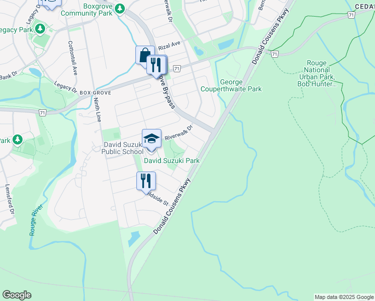 map of restaurants, bars, coffee shops, grocery stores, and more near 25 Nutmeg Street in Markham