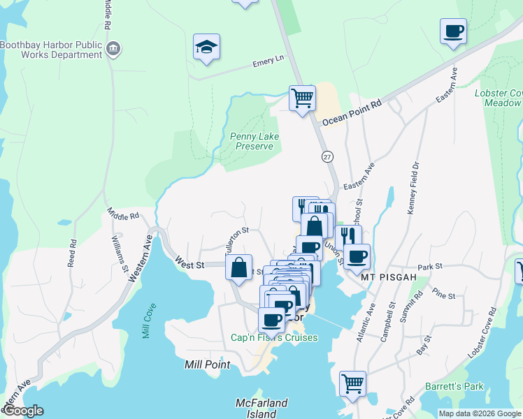 map of restaurants, bars, coffee shops, grocery stores, and more near 20 Paine Road in Boothbay Harbor