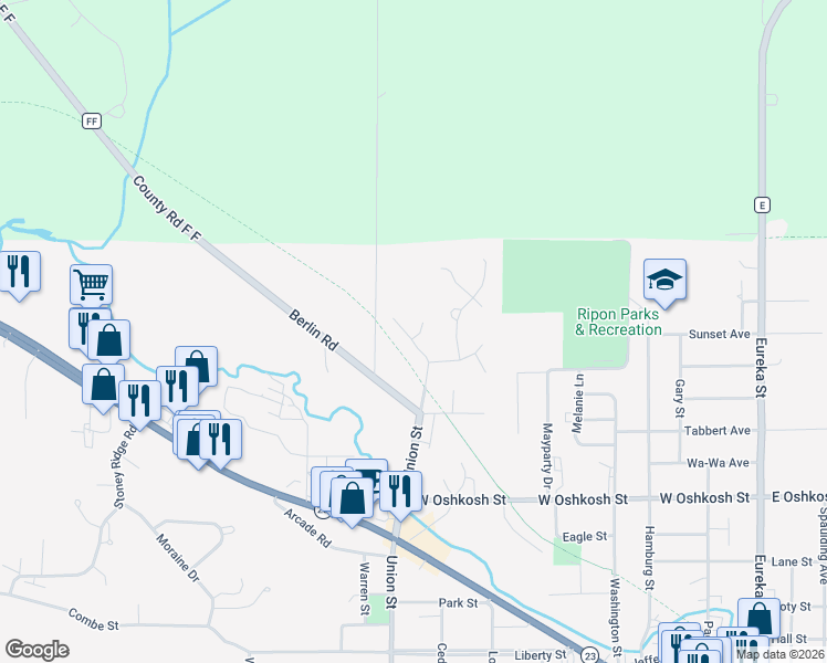 map of restaurants, bars, coffee shops, grocery stores, and more near 687 Kensington Drive in Ripon