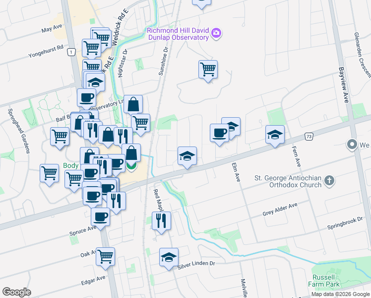 map of restaurants, bars, coffee shops, grocery stores, and more near 8 Estoril Street in Richmond Hill