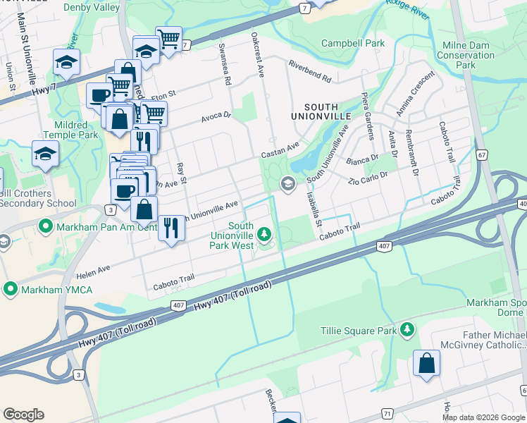 map of restaurants, bars, coffee shops, grocery stores, and more near 286 Helen Avenue in Markham