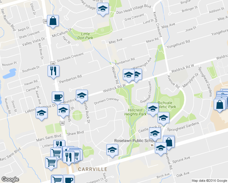 map of restaurants, bars, coffee shops, grocery stores, and more near 189 Weldrick Road West in Richmond Hill