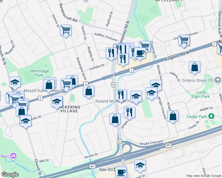 map of restaurants, bars, coffee shops, grocery stores, and more near 39 Fearn Crescent in Ajax