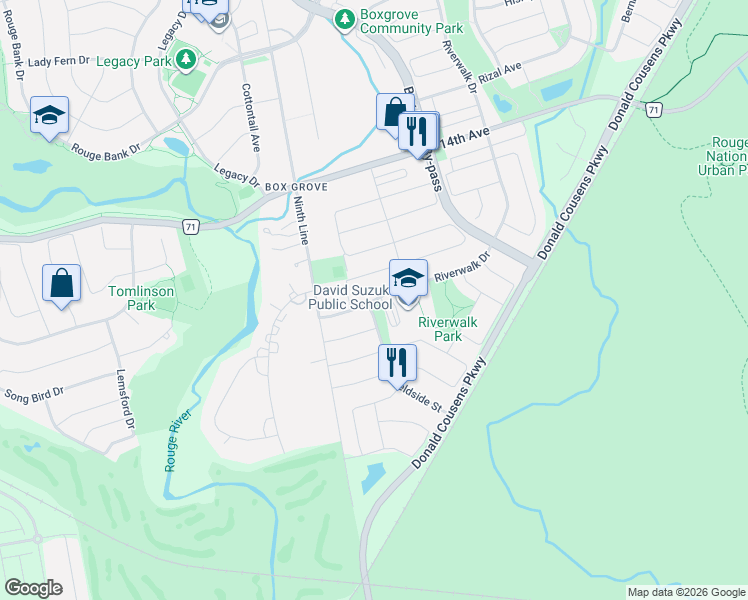 map of restaurants, bars, coffee shops, grocery stores, and more near 25 Riverwalk Drive in Markham