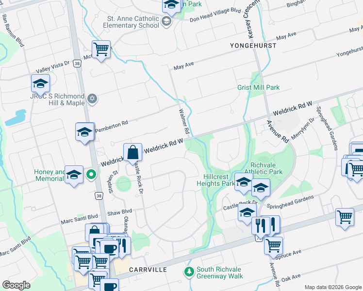 map of restaurants, bars, coffee shops, grocery stores, and more near 189 Weldrick Road West in Richmond Hill