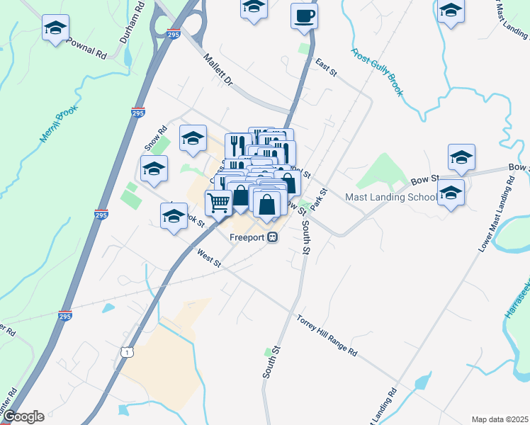 map of restaurants, bars, coffee shops, grocery stores, and more near 1 Freeport Farms in Freeport