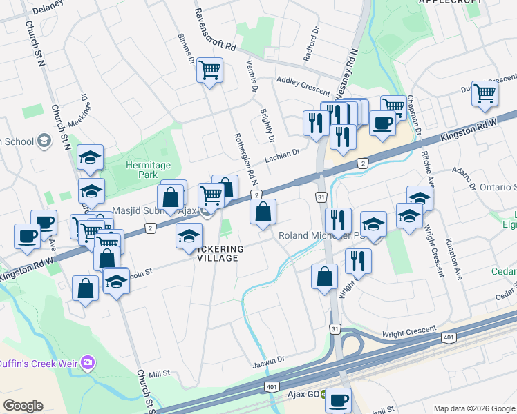 map of restaurants, bars, coffee shops, grocery stores, and more near 10 Rotherglen Road South in Ajax