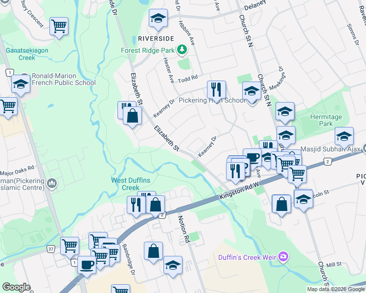map of restaurants, bars, coffee shops, grocery stores, and more near 3 Darley Street in Ajax