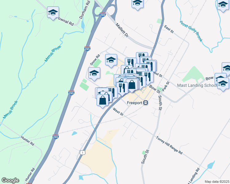 map of restaurants, bars, coffee shops, grocery stores, and more near 23 Main Street in Freeport