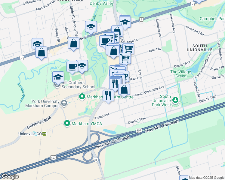 map of restaurants, bars, coffee shops, grocery stores, and more near in Markham