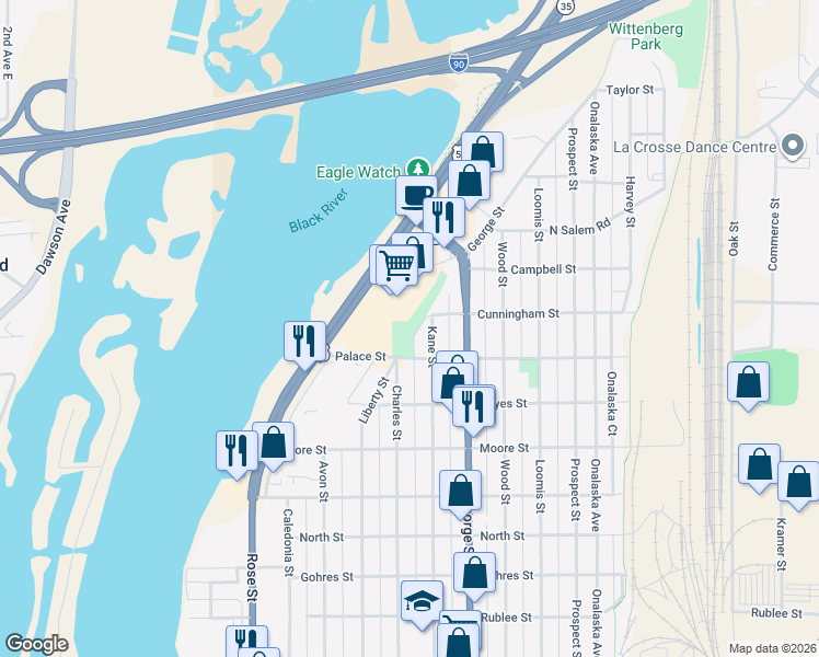 map of restaurants, bars, coffee shops, grocery stores, and more near 1007 Palace Street in La Crosse