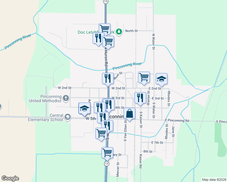 map of restaurants, bars, coffee shops, grocery stores, and more near 305 South Mable Street in Pinconning