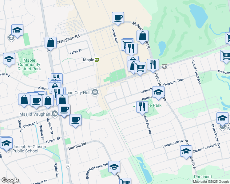 map of restaurants, bars, coffee shops, grocery stores, and more near Silk Oak Court in Vaughan