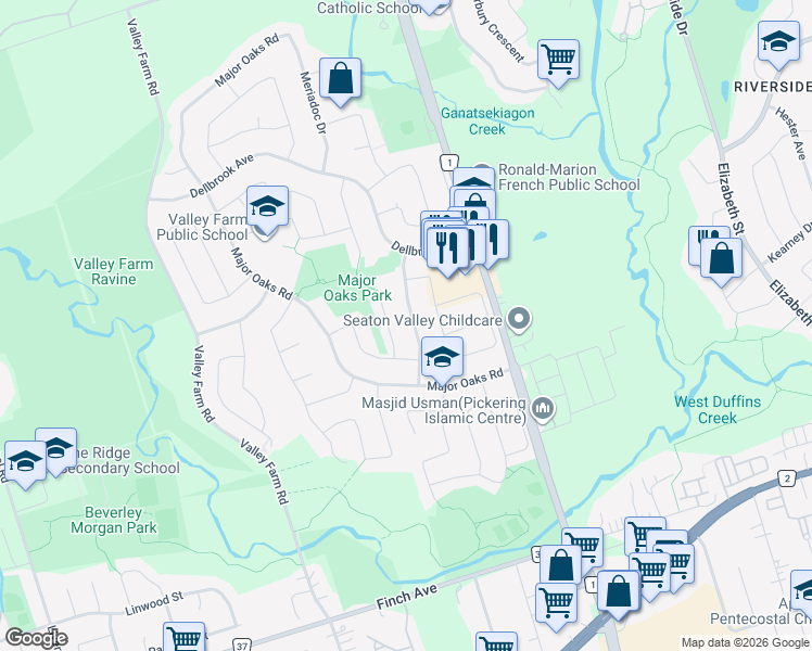 map of restaurants, bars, coffee shops, grocery stores, and more near 2146 Denby Drive in Pickering