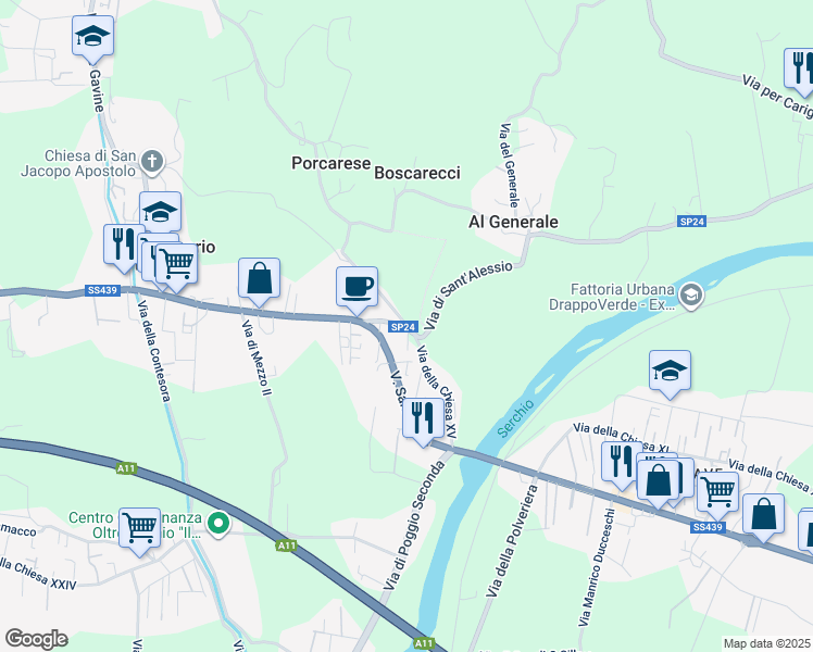 map of restaurants, bars, coffee shops, grocery stores, and more near Via della Chiesa XXIII in Lucca