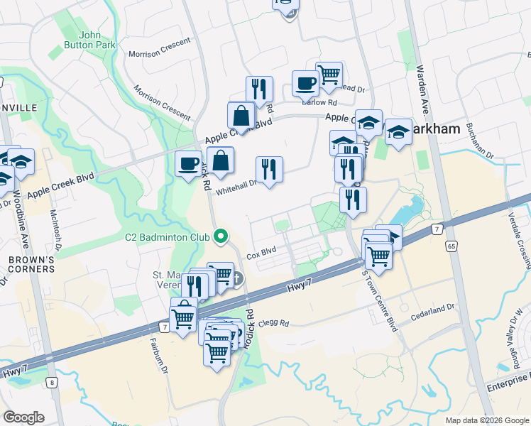 map of restaurants, bars, coffee shops, grocery stores, and more near 14 Saint Moritz Way in Markham
