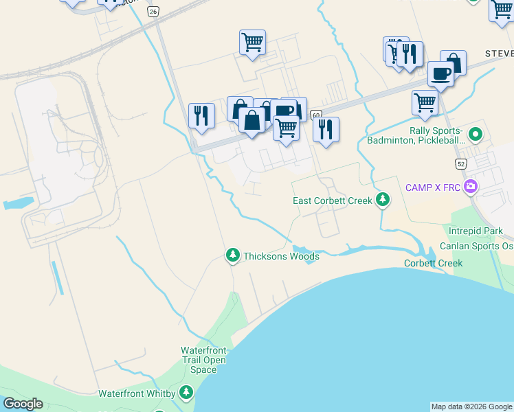 map of restaurants, bars, coffee shops, grocery stores, and more near 1621 McEwen Drive in Whitby