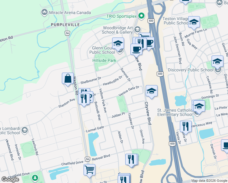 map of restaurants, bars, coffee shops, grocery stores, and more near 129 Canada Drive in Vaughan