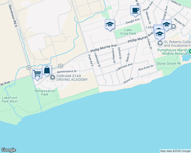 map of restaurants, bars, coffee shops, grocery stores, and more near 1491 Park Road South in Oshawa