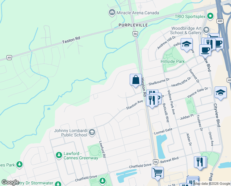 map of restaurants, bars, coffee shops, grocery stores, and more near 39 Fiorello Court in Vaughan