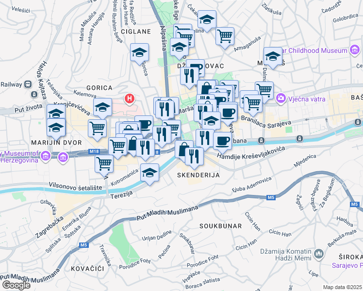 map of restaurants, bars, coffee shops, grocery stores, and more near in Sarajevo