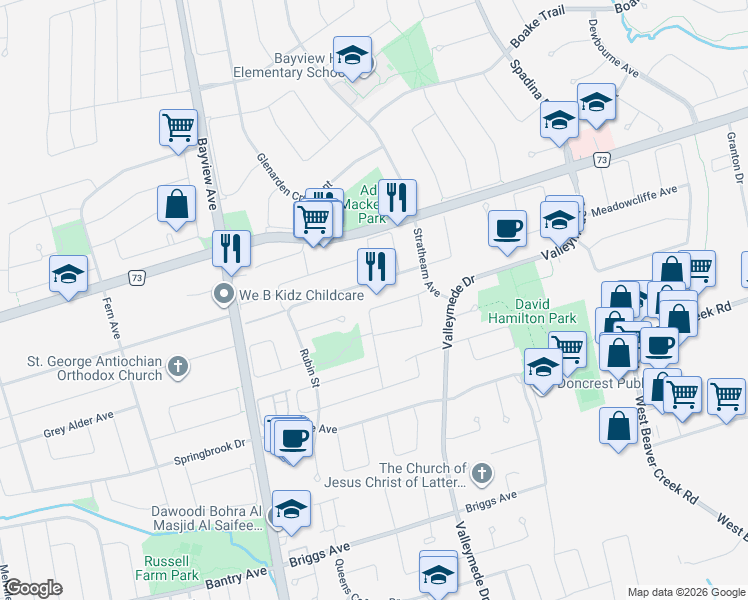 map of restaurants, bars, coffee shops, grocery stores, and more near 46 Heath Street in Richmond Hill