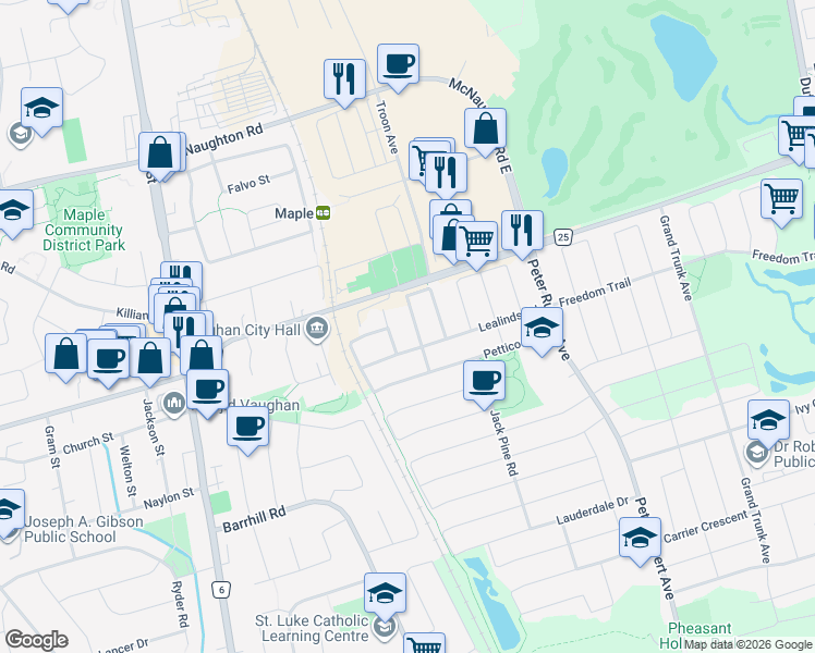 map of restaurants, bars, coffee shops, grocery stores, and more near 109 Barli Crescent in Vaughan