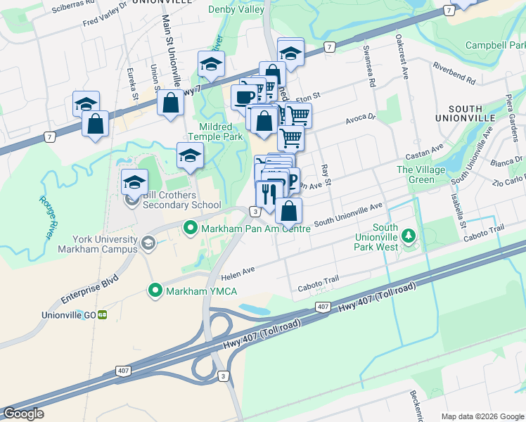 map of restaurants, bars, coffee shops, grocery stores, and more near 8321 Kennedy Road in Markham