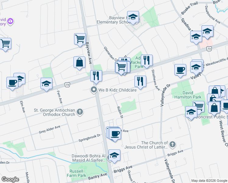 map of restaurants, bars, coffee shops, grocery stores, and more near 12 Lagani Avenue in Richmond Hill