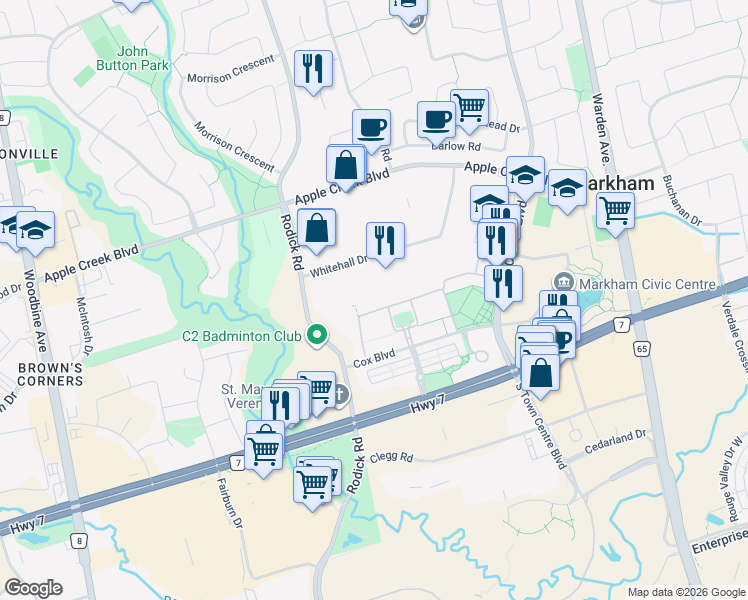 map of restaurants, bars, coffee shops, grocery stores, and more near 14 Saint Moritz Way in Markham