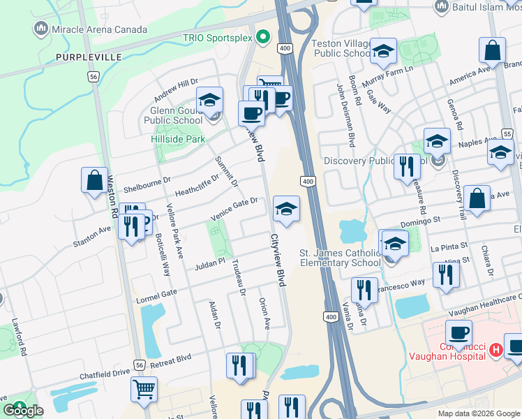 map of restaurants, bars, coffee shops, grocery stores, and more near in Vaughan