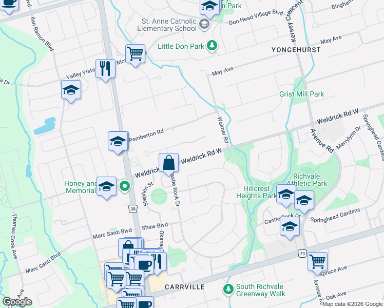 map of restaurants, bars, coffee shops, grocery stores, and more near 220 Weldrick Road West in Richmond Hill