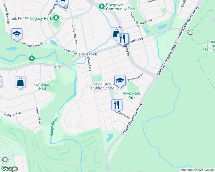 map of restaurants, bars, coffee shops, grocery stores, and more near 22 Riverwalk Drive in Markham