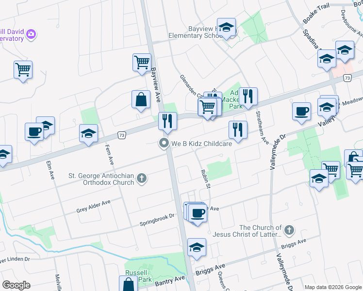 map of restaurants, bars, coffee shops, grocery stores, and more near McGurran Lane in Richmond Hill
